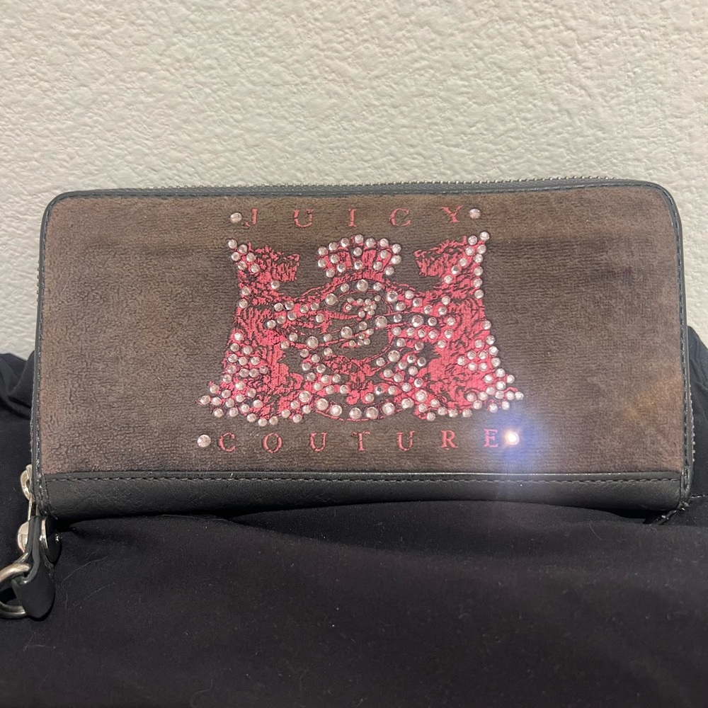 Juicy Couture Brown Wallet with Pink Crystal Crest Accent